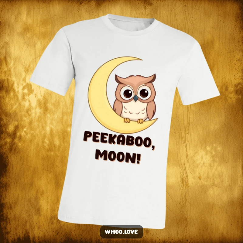 Funny t-shirt featuring a comical owl with big googly eyes peeking from behind a giant crescent moon, full of humor.