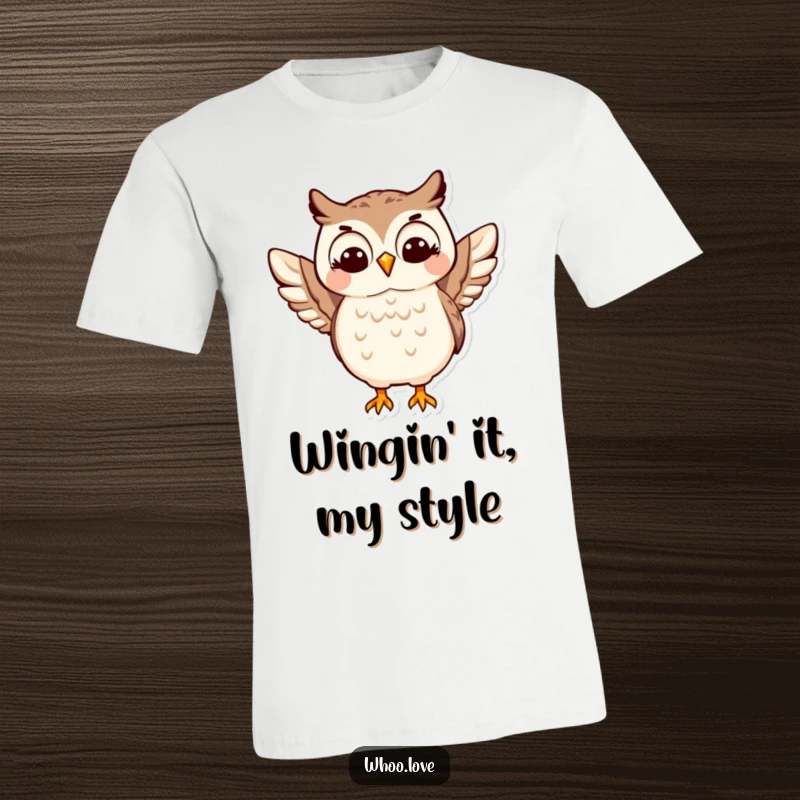 Funny Happy Owl T-Shirt: An energetic owl character performing a joyful wing shimmy, capturing a moment of pure, unadulterated happiness.