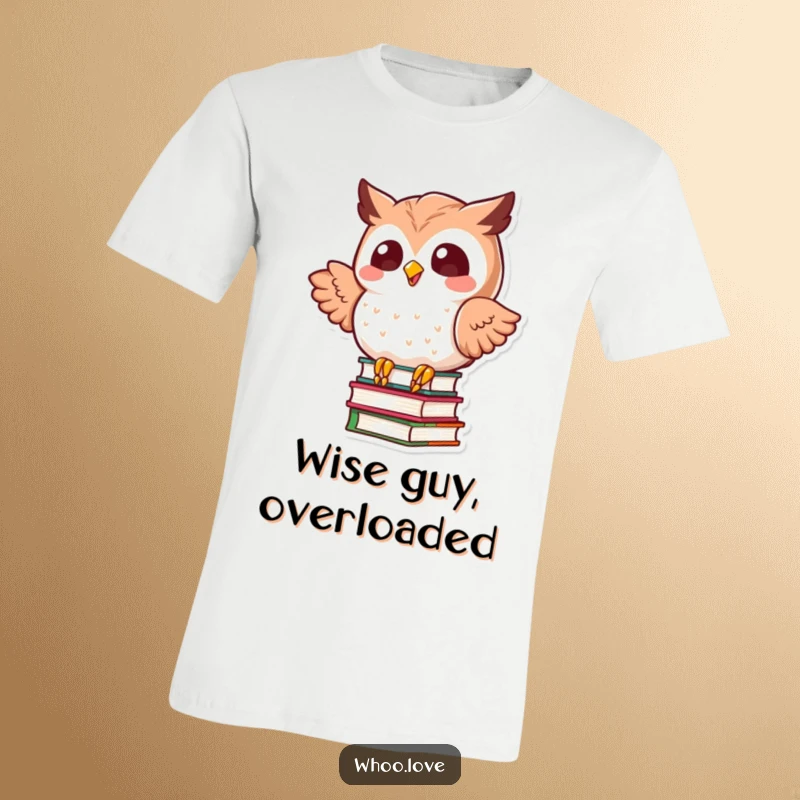 Funny kawaii owl in a dynamic pose, wobbling while balancing a large stack of books, printed on a comfortable t-shirt.