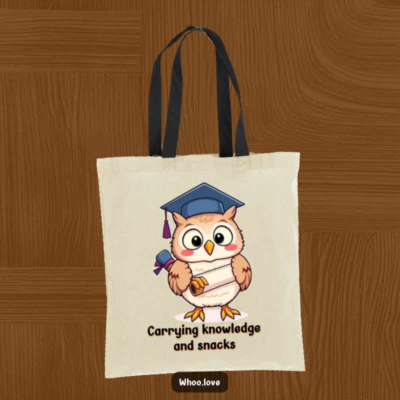 Funny depiction of an owl character triumphantly holding a graduation scroll, printed on a durable tote bag.
