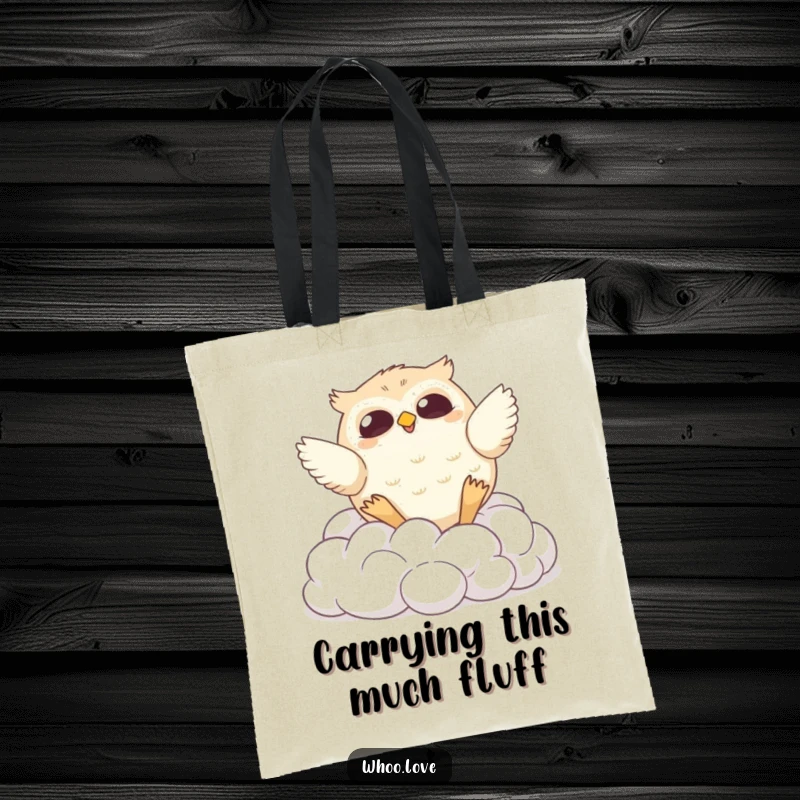 Funny tote bag illustrating a chubby owl comically tumbling down fluffy white clouds, designed for stylish and humorous everyday use.