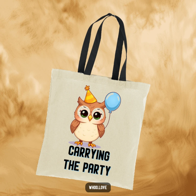 Funny party owl tote bag, featuring an owl wearing a crooked party hat and holding a balloon, a charming and practical accessory for celebrations.