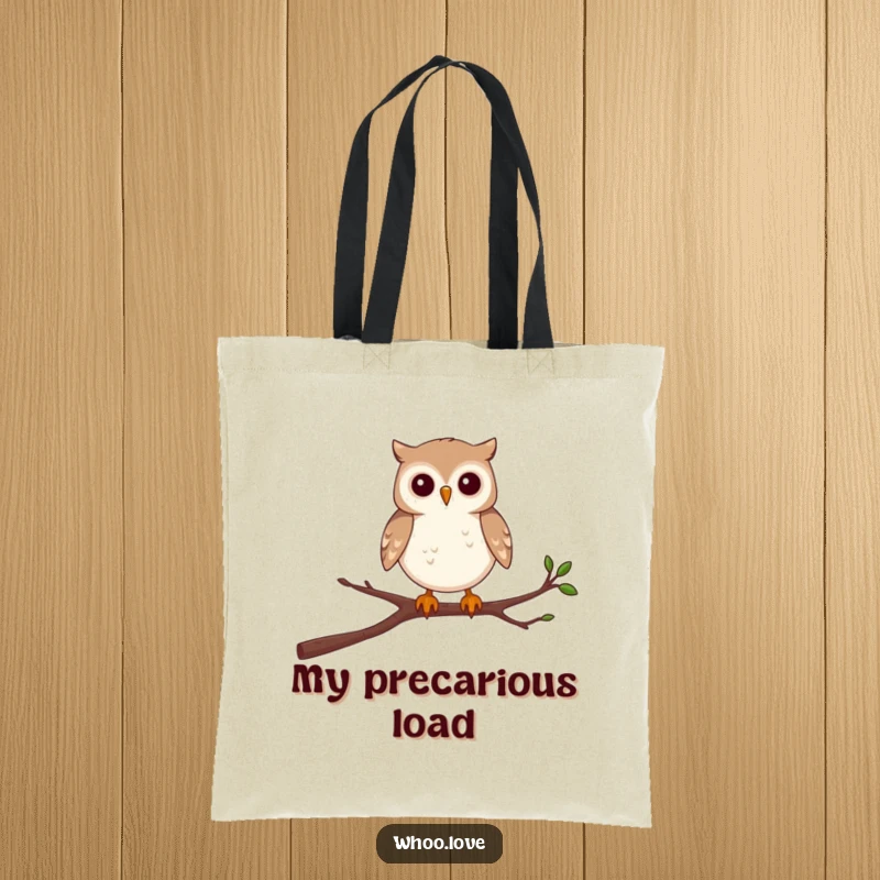 Funny tote bag illustrating a determined small owl character balancing on a wobbly branch, great for daily use.