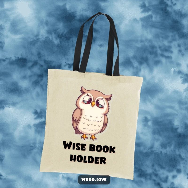 Funny Owl Curiosity Tote Bag depicting a wise owl character looking down inquisitively, great for shopping and thoughtful smiles.
